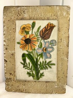 90s Floral Botanical Wall Art Plaque stone resin vintage faux crewel look art